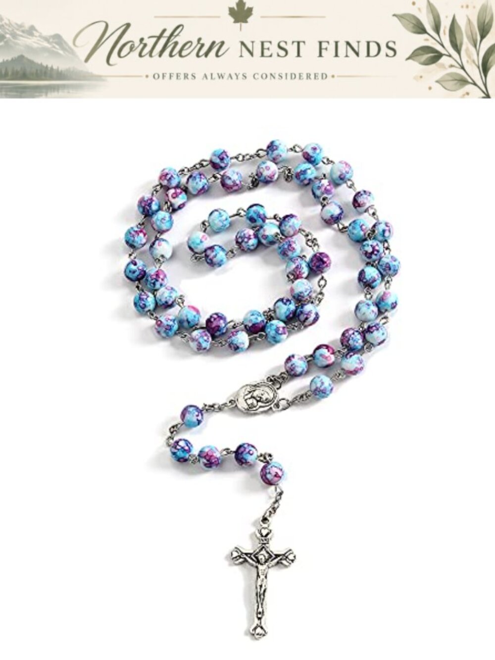 Handmade Simulated Pearl Rosary Necklace Catholic Prayer Beads 20.4in